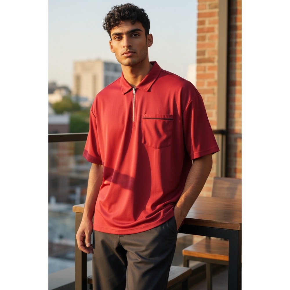 AR Mens 3XL Red Quarter Zip Polo Shirt Short Sleeve Performance Chest‎ Pocket